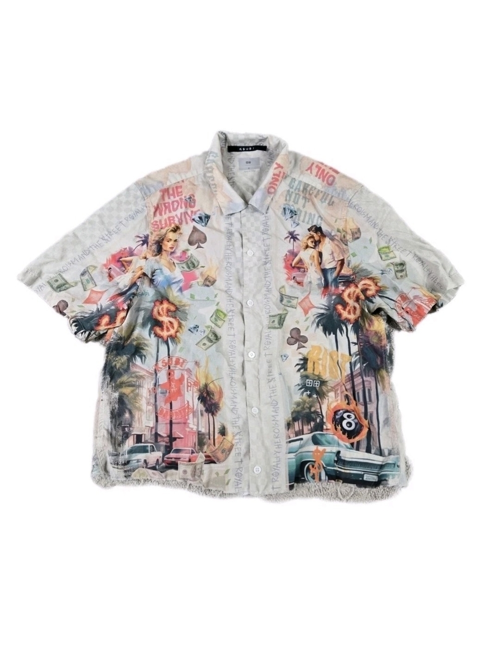 Ksubi Camp Shirt Money Party Palm Tree Print Short Sleeve Button Up Cut Bottom